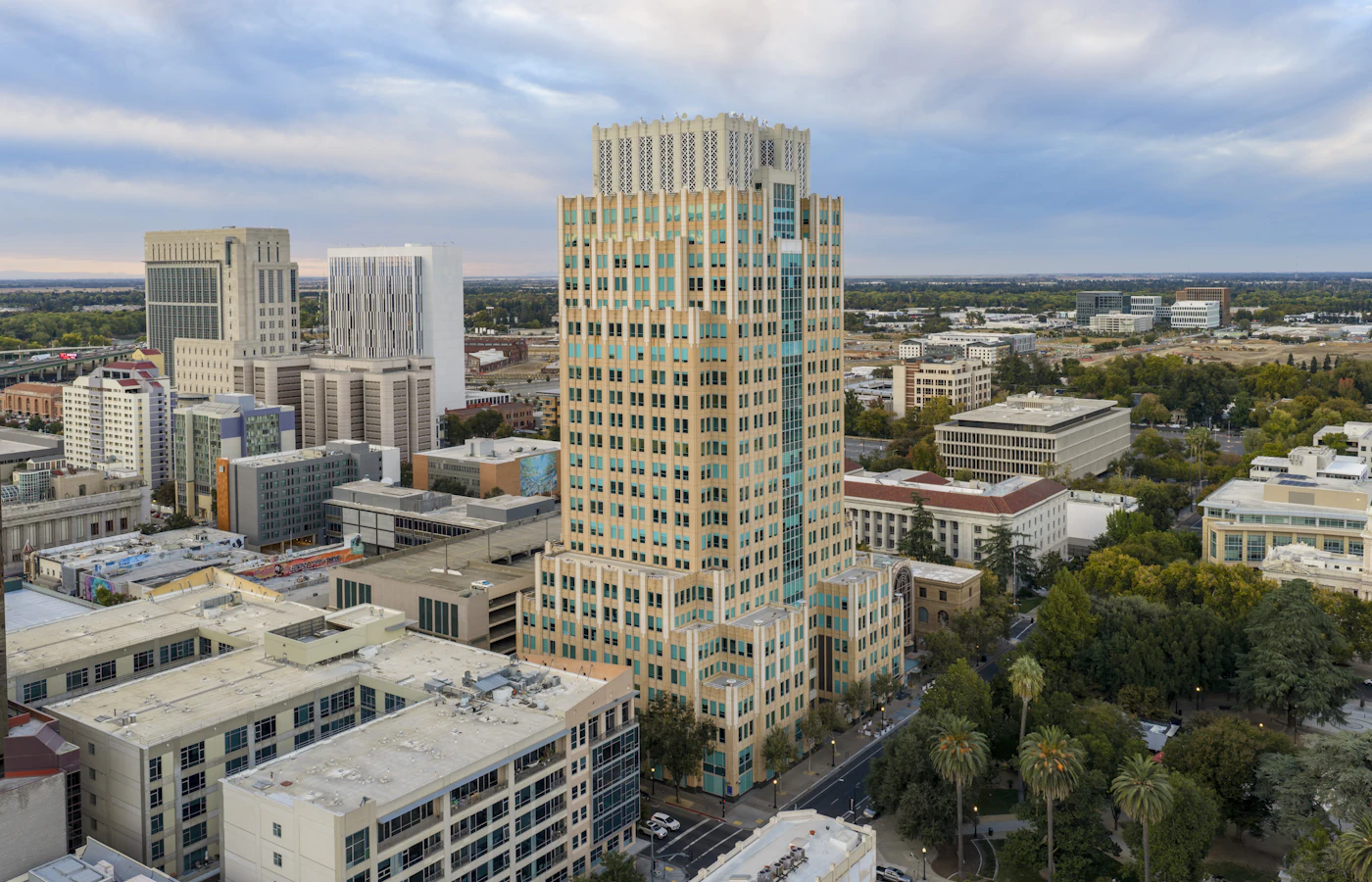 Aerial view of a city business district used for market-entry planning