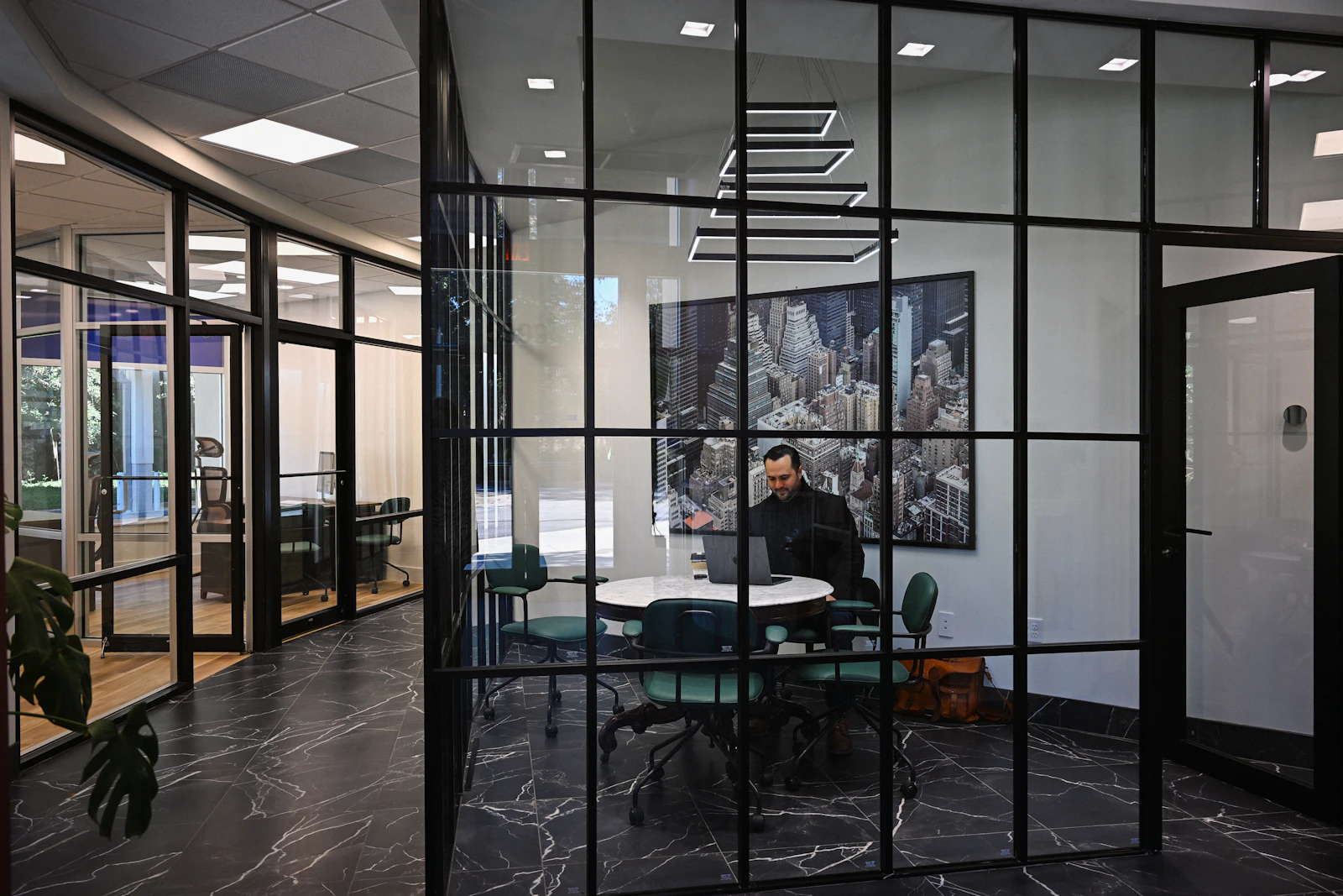 A professional working on a laptop in a glass-walled office